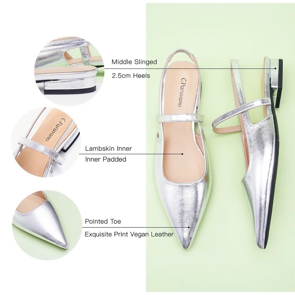 NWOT C.Paravano Silver Metallic Pointed Toe Slingback Mary Jane Flats Chic S6.5 - Picture 9 of 10